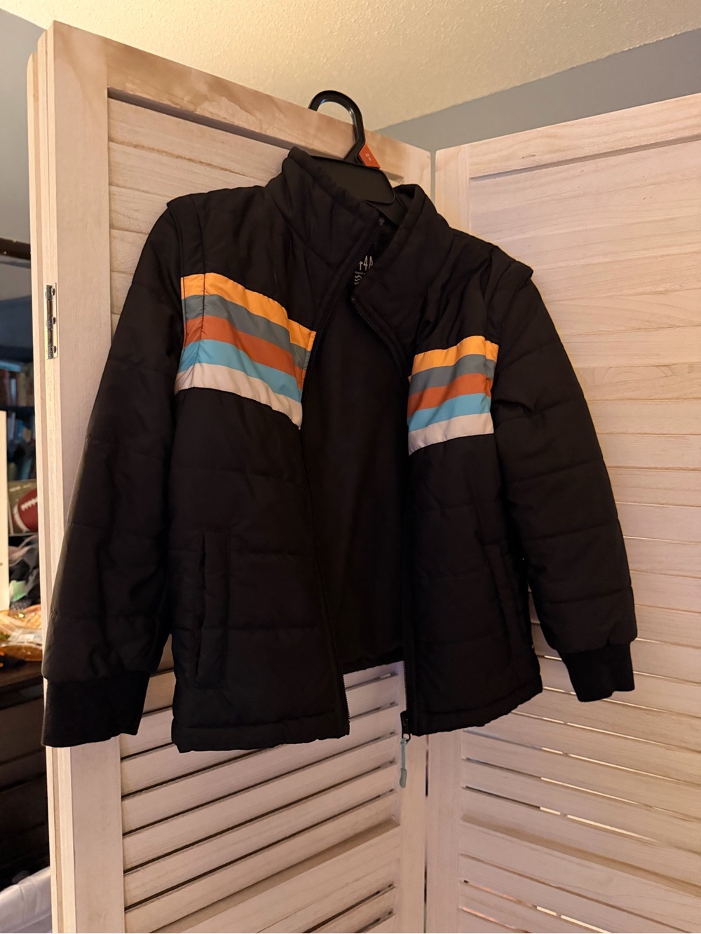 Feather & Arrow Black Puffer Jacket with Orange, Teal & Coral Stripes